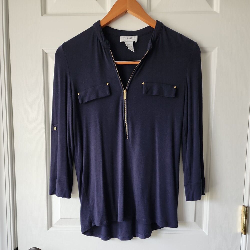 Carmen Marc Valvo Blouse Women Sz XS V-Neck Pullover Shirt 1/2 Zip Blue - Picture 1 of 3